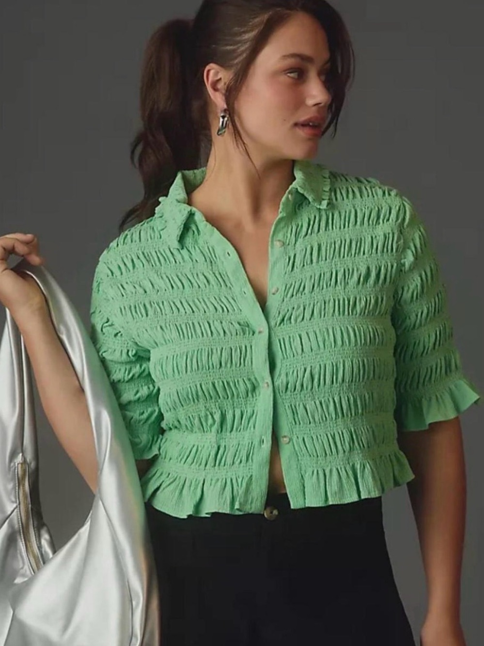 Maeve Anthropologie Green Smocked Button Front Ruffle Blouse Large